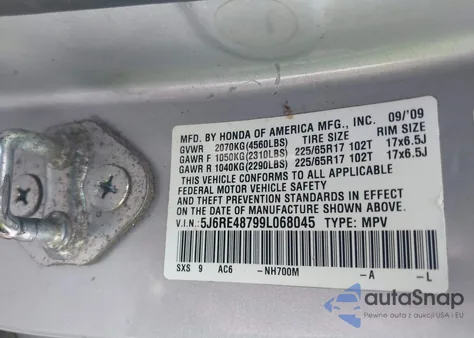 2009 Honda Cr-V Ex-L из США, поврежденный, VIN 5J6RE48799L068045